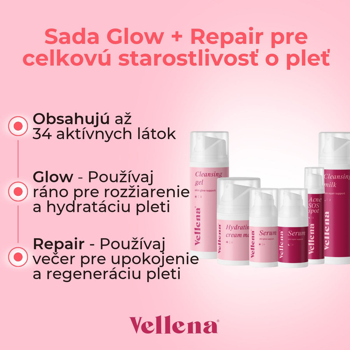 Sada Glow + Repair pre celkovú starostlivosť o pleť | Vellena
