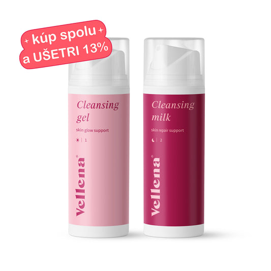 Duo pre dokonalé čistenie pleti | Čistiaci gél Glow + Čistiace mlieko Repair | Vellena